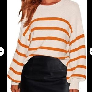 Striped Crew Neck Sweater - Orange and White
